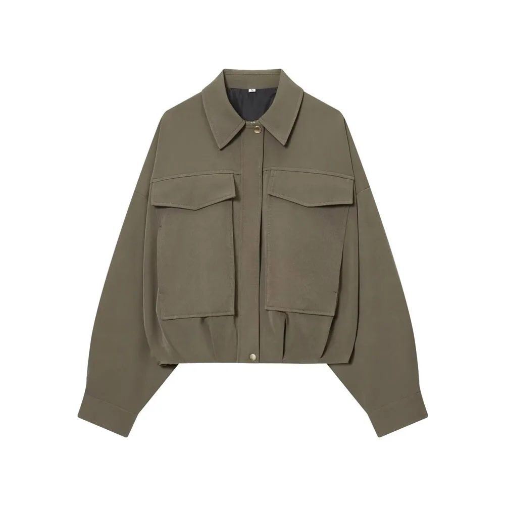 

Autumn new women's lapel long sleeved casual pleated hem pilot jacket jacket