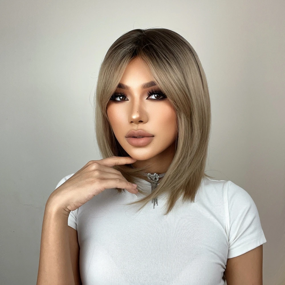 Synthetic Wigs with Bangs Brown to Blonde Ombre Medium Length Straight Bob Wigs for Women High Temperature Daily Use Wig