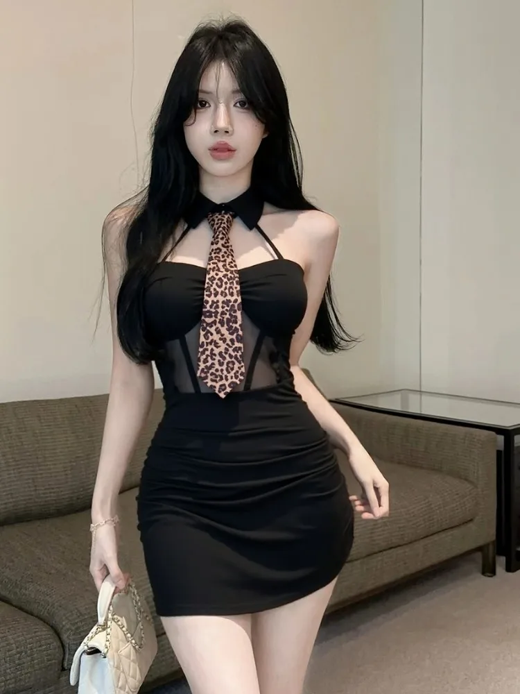 

Sexy Low Cut Hollow out Mesh Paneling See through Neckline Dress Spicy Girl Slimming Backless Pleated Bodycon Skirt