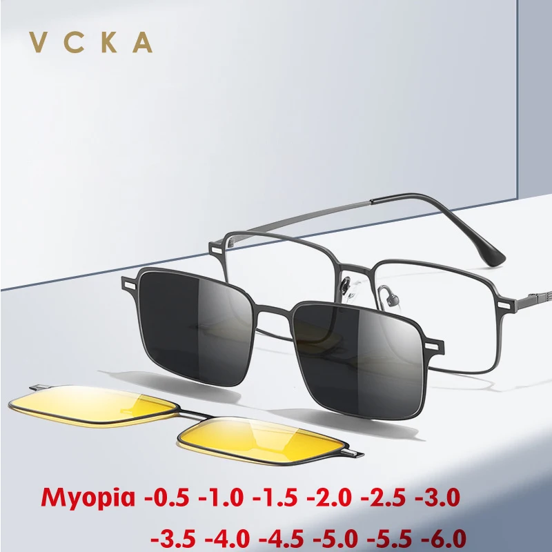 

VCKA 3 in 1 Square Men Polarized Myopia Sunglasses Magnetic Clip Prescription Women Custom Glasses Frame -0.5 to -6.0