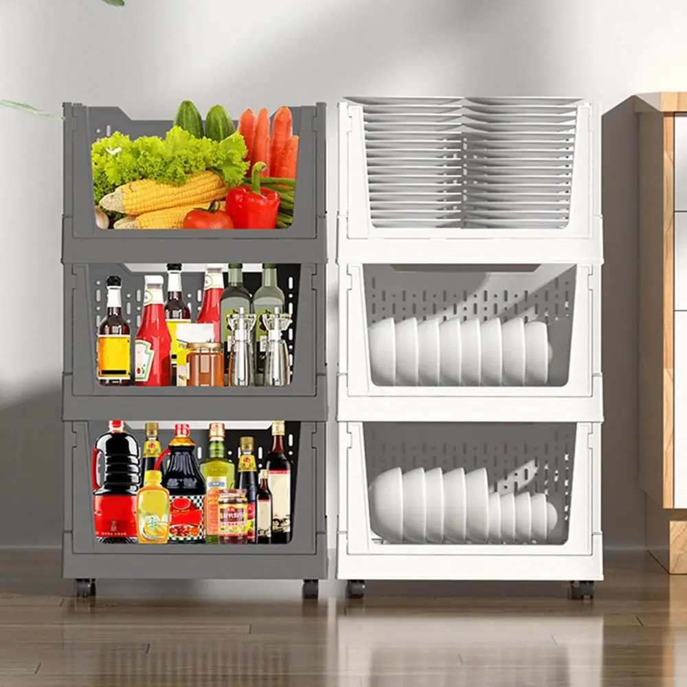 Plastic Folding Storage Box Large Capacity Stackable Book Storage Basket Space Saving with Wheels Wheeled Sundry Basket Office