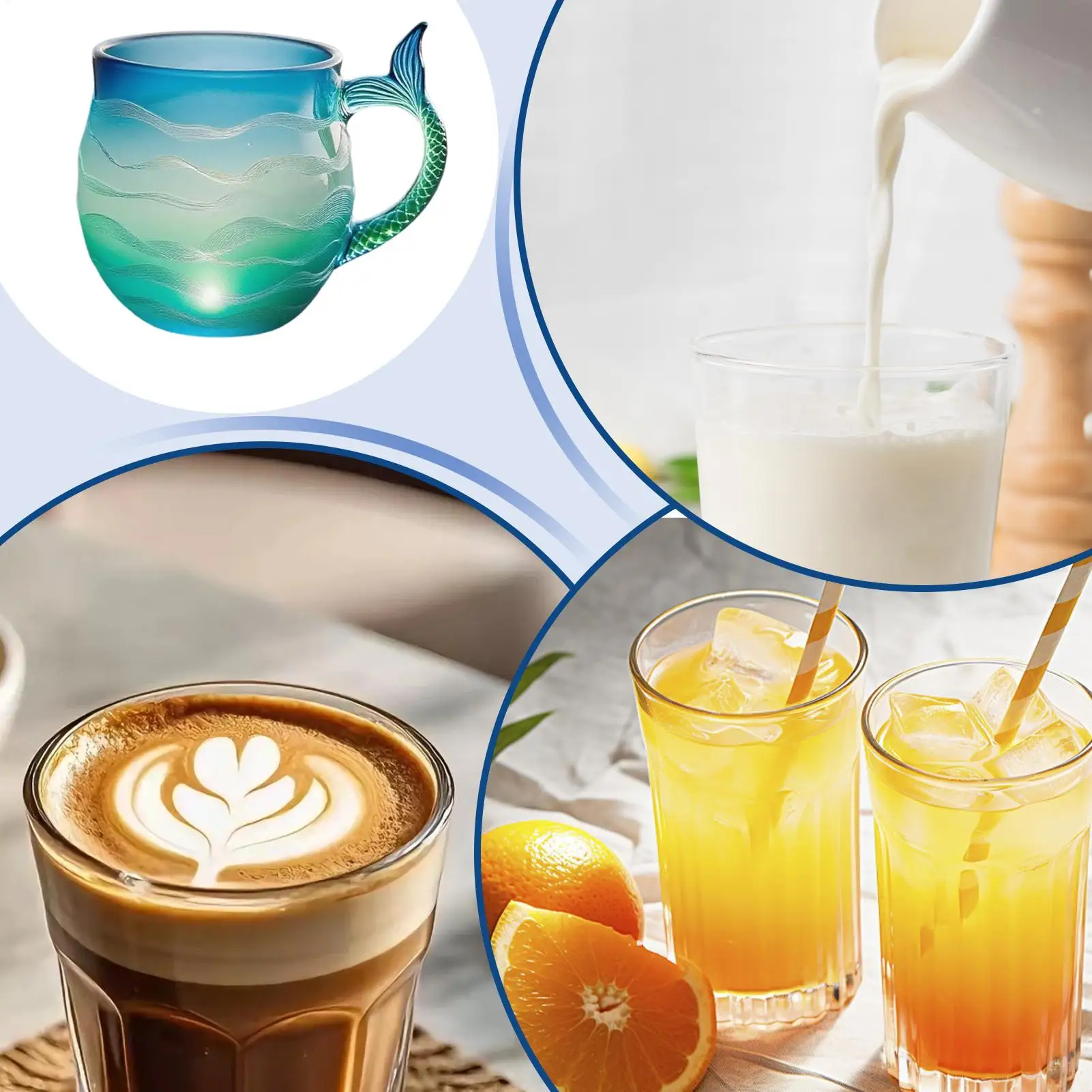 أكواب القهوة الزجاجية موجة البحر درينكوير كؤوس القهوة حورية البحر أكواب الشرب للمشروبات الباردة الساخنة الحليب عصير الماء ديكور المنزل