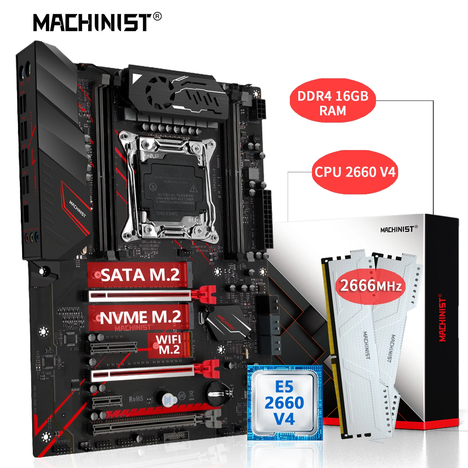 

MACHINIST X99 Motherboard Combo Kit Xeon E5 2660 V4 Processor DDR4 16GB RAM 2666MHz Memory LGA 2011-3 CPU NVME M.2 Four Channel