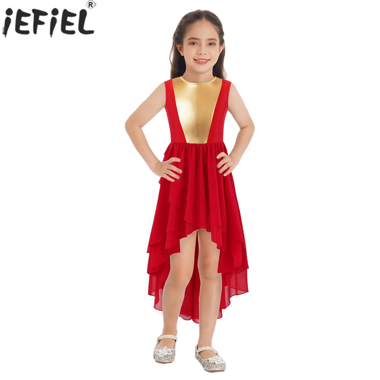 6-16Y Kids Girls Ballroom Lyrical Dance Leotard Dress Church Choir Worship Praise Costume Sleeveless High-Low Hem Dancewear