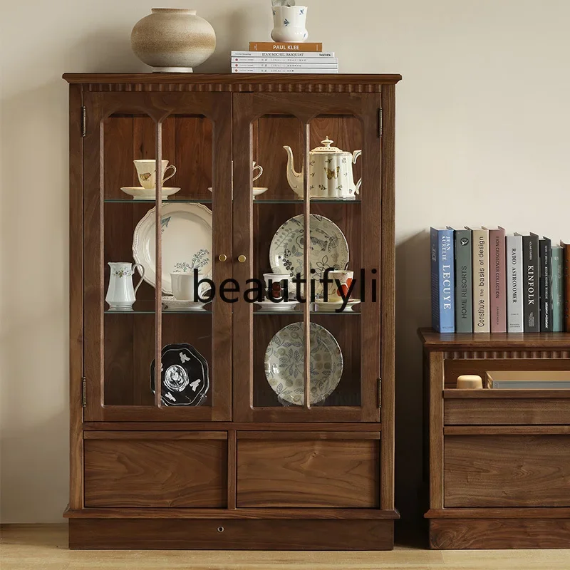 Black walnut display cabinet retro style solid wood log wine cabinet with lamp side cabinet