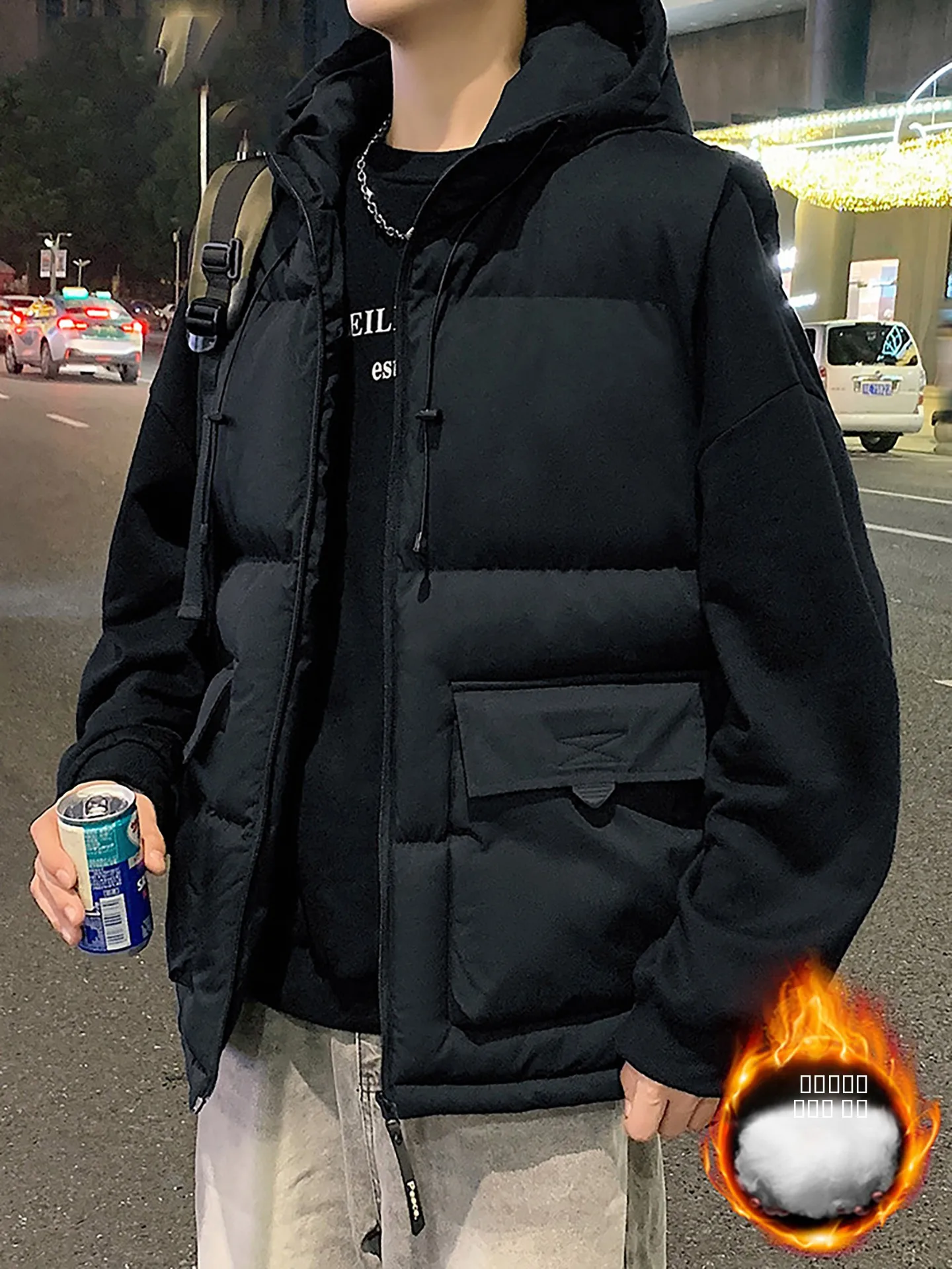 الرجال Thiened القطن سترة الخريف الشتاء مقنعين تنوعا ملابس خارجية دافئة عمال Jaet Faion الحضرية Sle طويلة Sve سستة #1