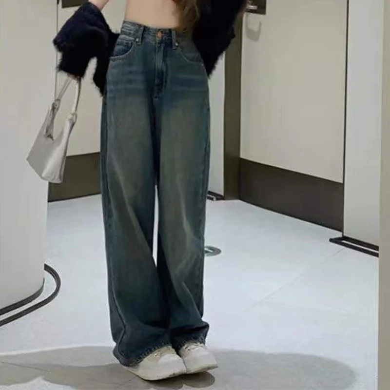 Calça jeans de perna larga feminina vintage, calça de cintura alta, calça jeans solta, streetwear feminina, Y2K, outono, 2023