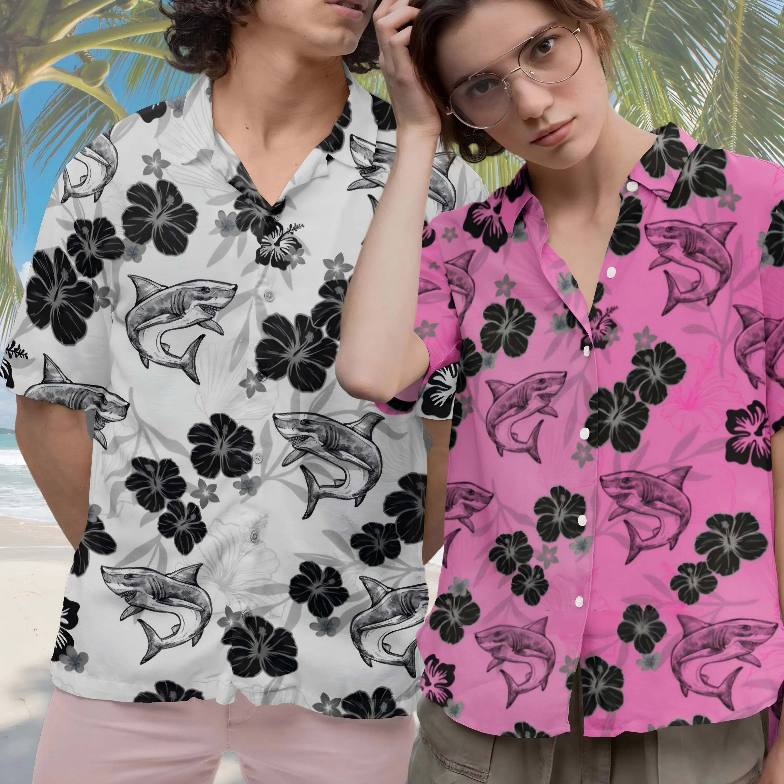 

Mens Shark Hibiscus Hawaiian Shirt Tropical Floral Print Short Sleeve Casual Beach Tops For Men And Women Clothing