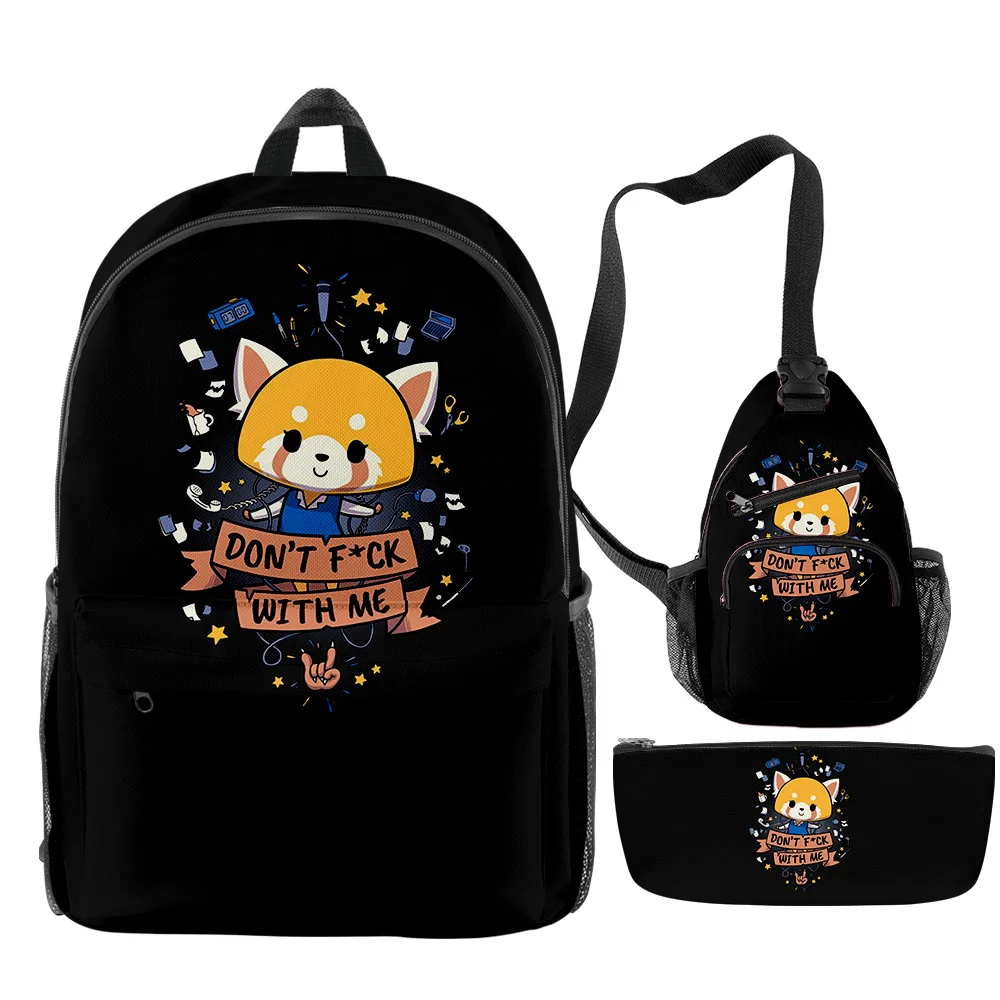 Hip Hop Popular Funny Aggretsuko 3D Print 3pcs/Set pupil School Bags Travel Laptop Backpack Chest Bag Pencil Case