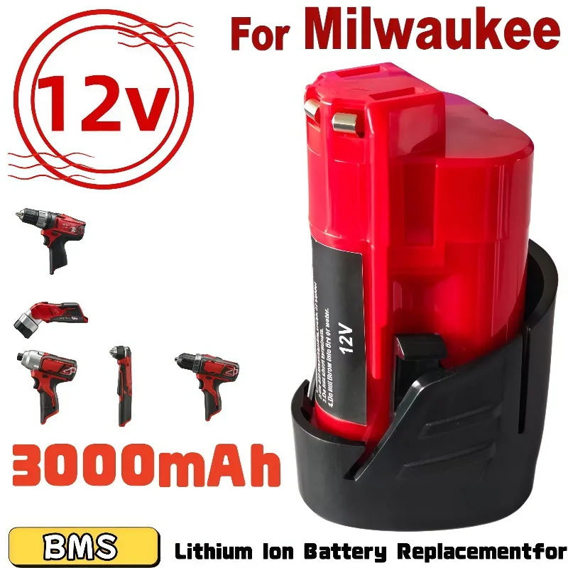Replacement Lithium Battery 12V 3000mAh Fit Milwaukee 48‑11‑2411 MIL‑12A‑LI Rechargeable Battery For Cordless Power Tools