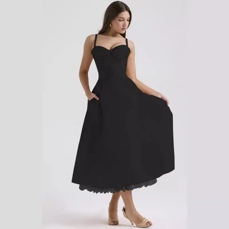 Vestidos de satén midi con tirantes finos para mujer vestido con bolsillos