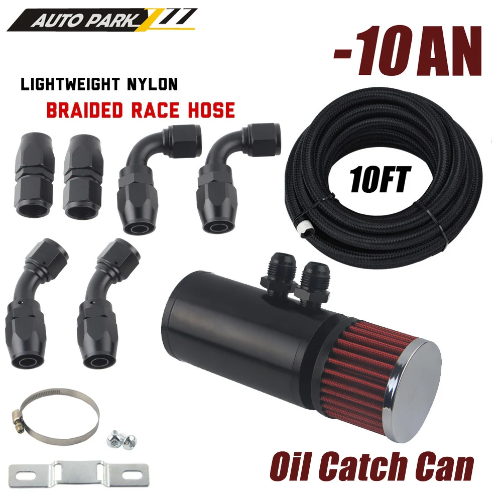 0.5L Brushed Baffled Oil Catch Tank Kits Can with Breather Filter Aluminum AN10 Round Can Oil Catch Can With Hose Fitting