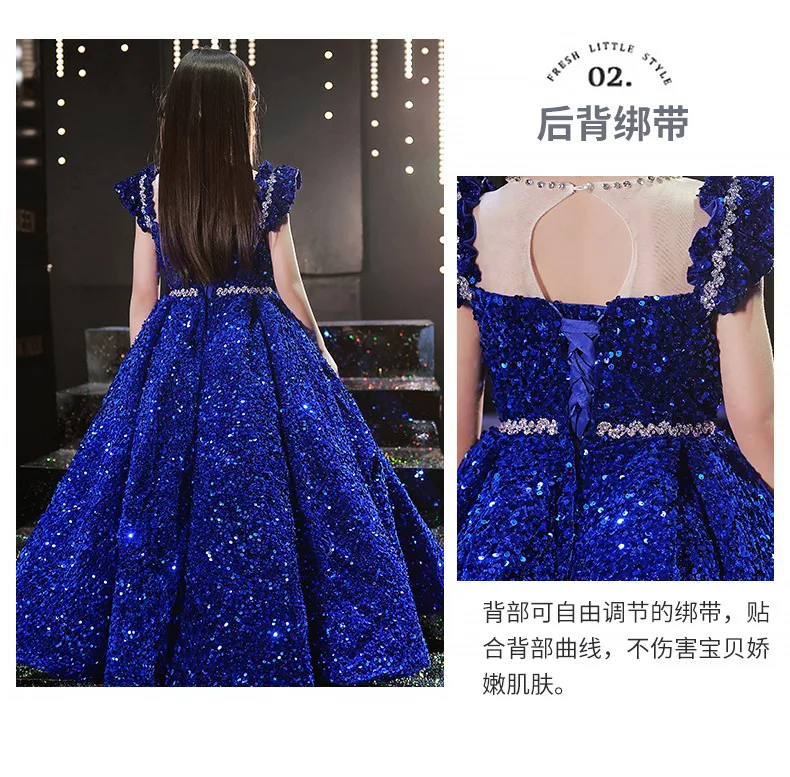 Prinzessin langes Kleid Mädchen Pailletten Abend Hochzeiten Abschluss ball Party elegante tiefe V-Ausschnitt Kleidung Kinder Taufe Kleid Show Mesh Kleid – Detail 4