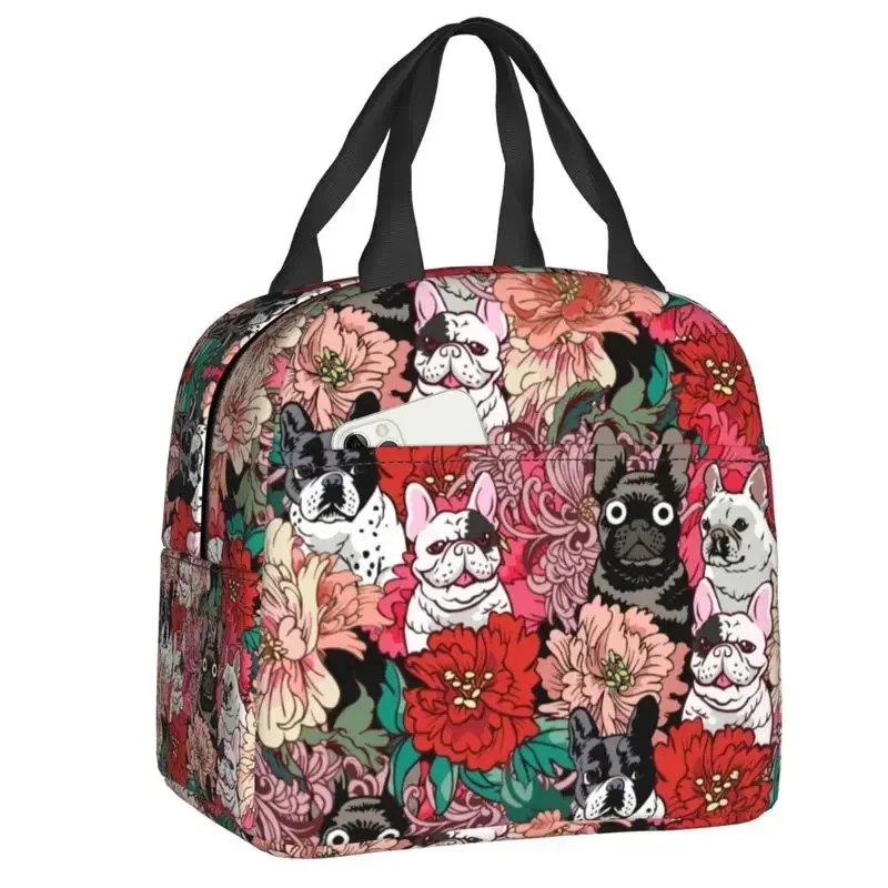 Grey Stripes French Bulldogs Lunch Bag Women Cooler Warm Insulated Lunch Container for Student School Work Picnic Food Tote Bags
