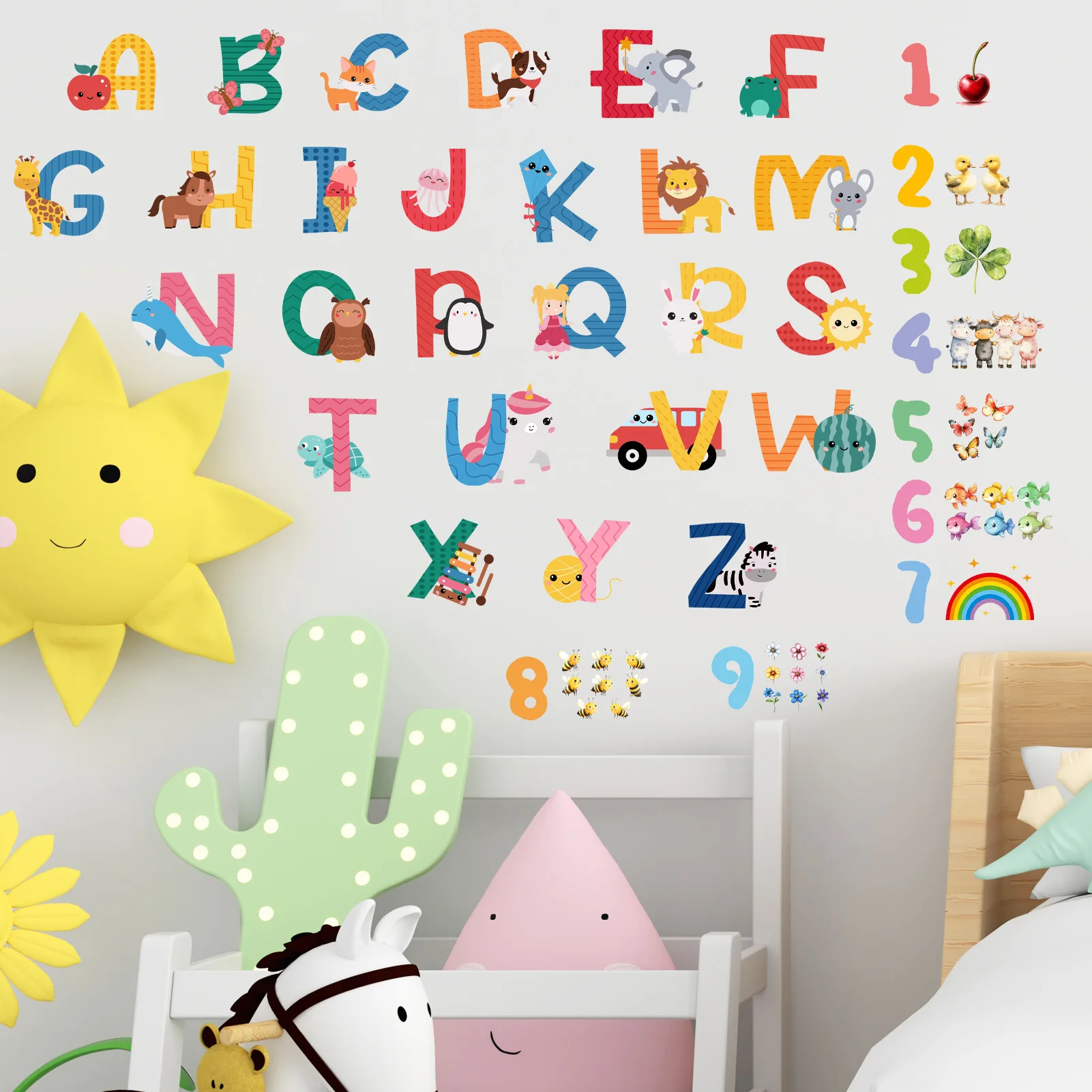 Educational Animal Alphabet Wall Stickers Cute Cartoon Letters Self Adhesive Removable Decals for Kids Room Nursery Preschool