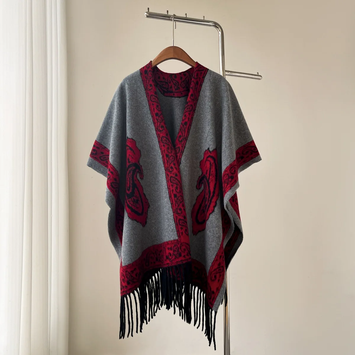 Vintage Paisley Print Women Poncho Cape Thick Faux Cashmere Warm Bufanda Chal Tassel Cardigan Coat Travel Outer Wrap Fall Winter