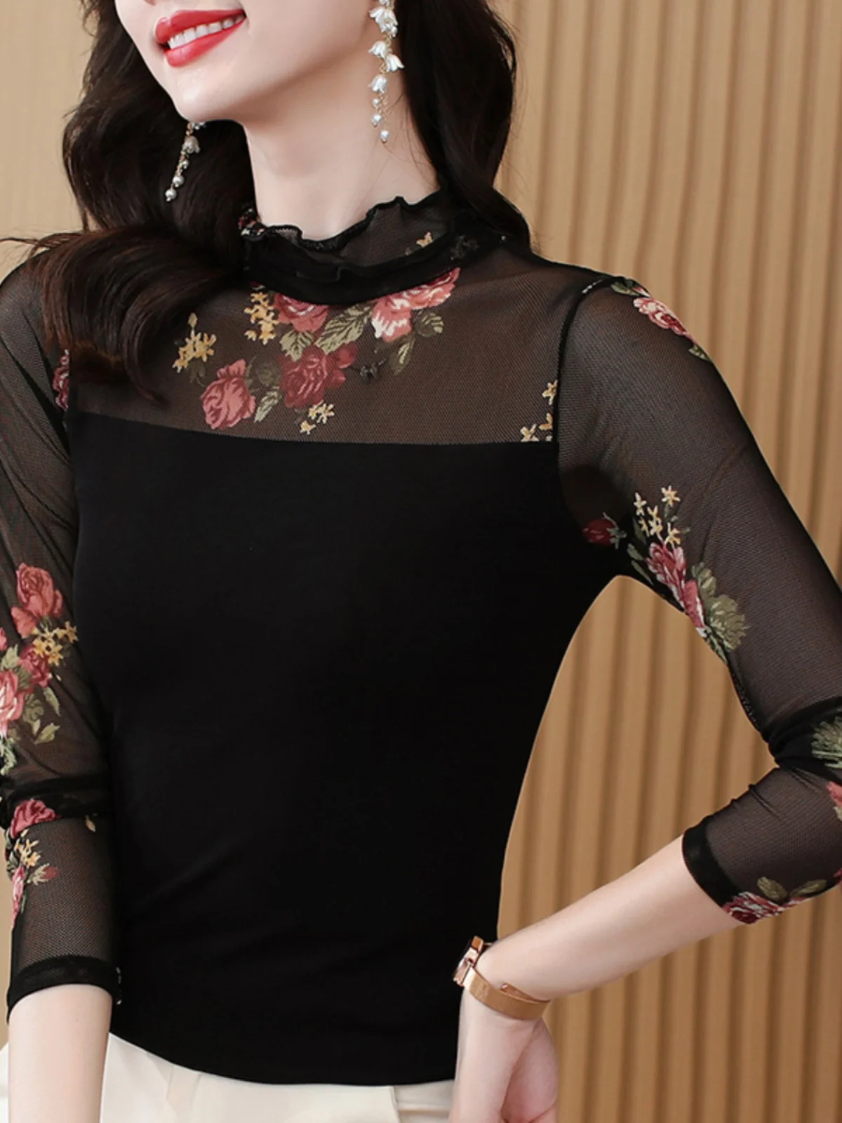 Faionable Lace Long Sve Base irt Autunno New Sle Colletto impreziosito Me Intimo Dimagrante Top Casual Stampa floreale