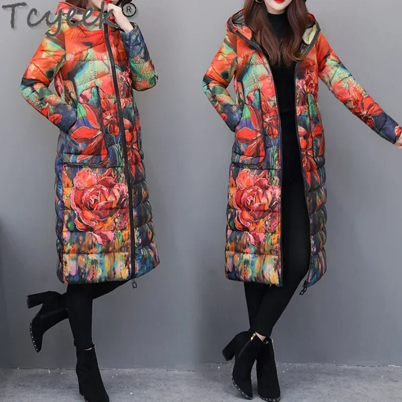 Tcyeek Large Size 6XL Women's Down Jacket Female Winter Coat women Clothes 2022 Long Floral Parkas Hooded Ladies Overcoat Hiver