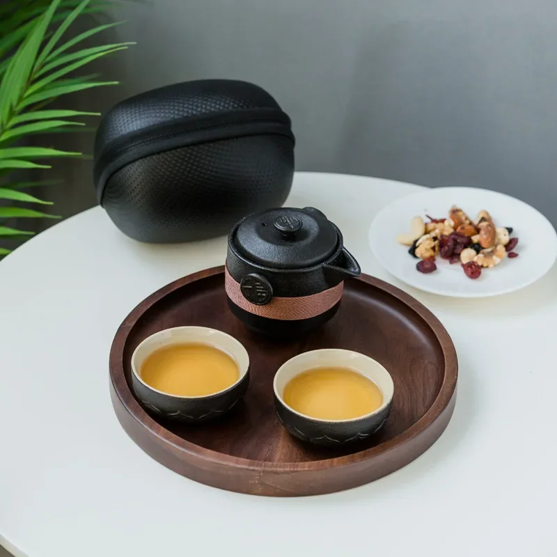 High grade Black Pottery 1 Pot 2 Cups Tea Sets Portable Travel Home Office Ceramic Coffee Container With Bag