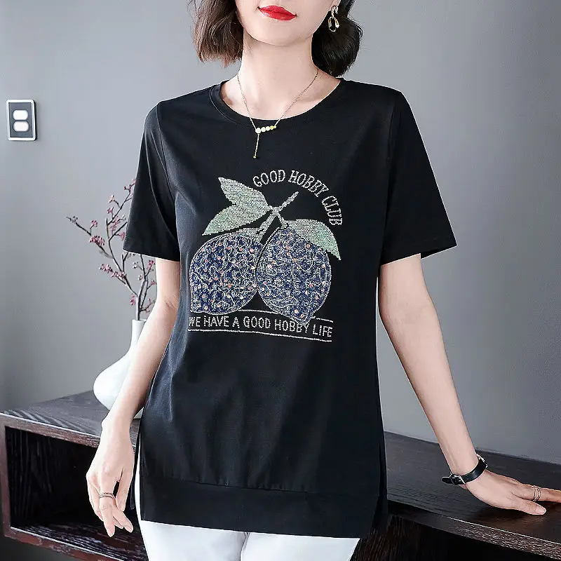Fashion O-Neck Short Sleeve Sequined Diamonds Letter T-Shirts Women's Clothing 2024 Summer Loose Casual Tops Commuter Tee Shirt image 3