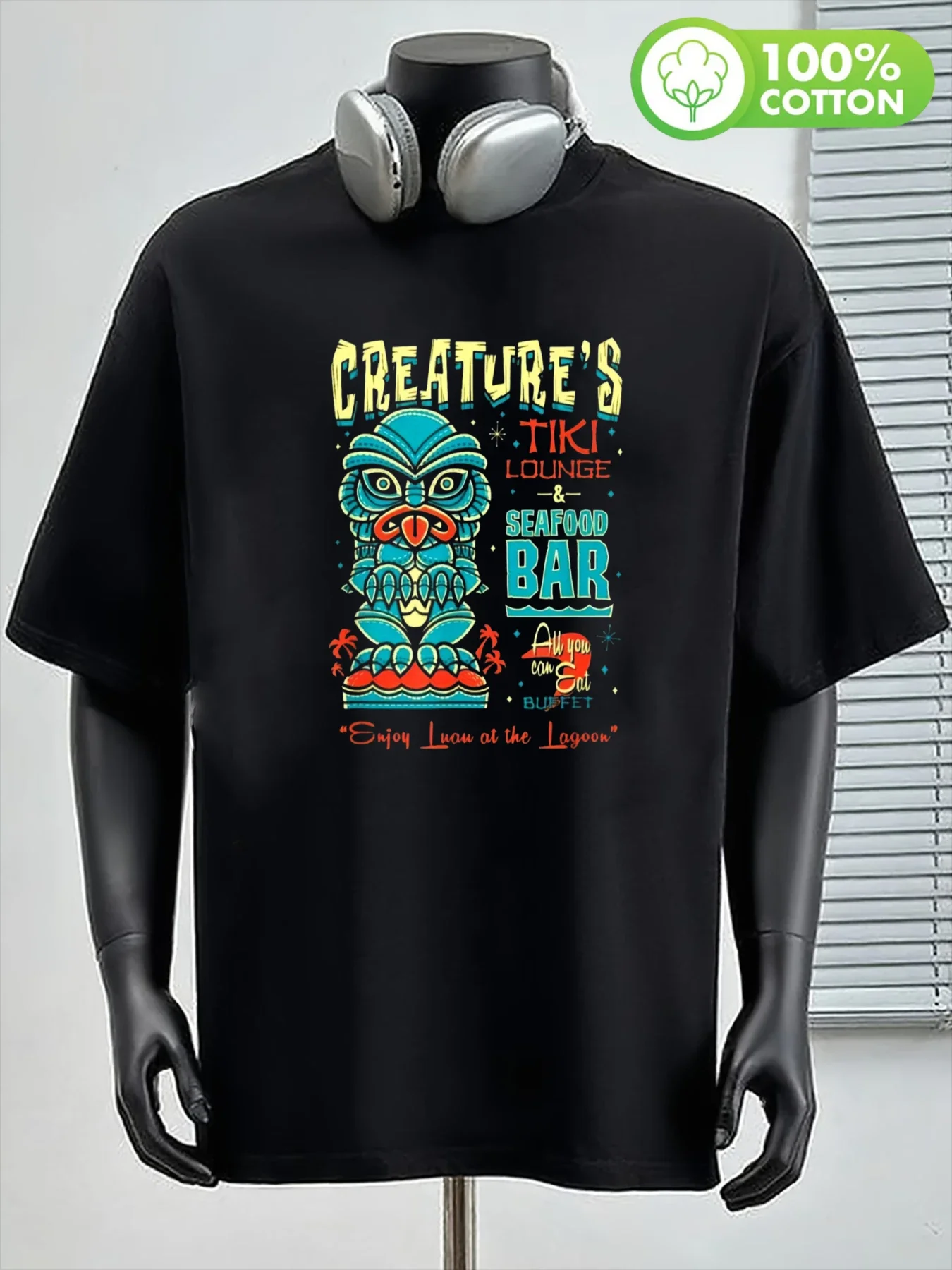 Men Tiki Time Bamboo Font Letter Tiki Cocktail Cup Pineapple Fruit Hawaii Beach Oversized T-Shirt