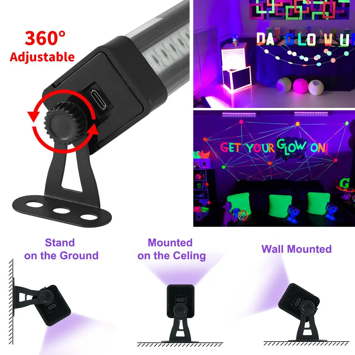 60 المصابيح الأشعة فوق البنفسجية Blacklight 33 سنتيمتر كشاف ضوء ، 5 فولت USB التوصيل 100 سنتيمتر الحبل ل توهج حفلة هالوين غرفة نوم الفلورسنت ديكور الجسم الطلاء