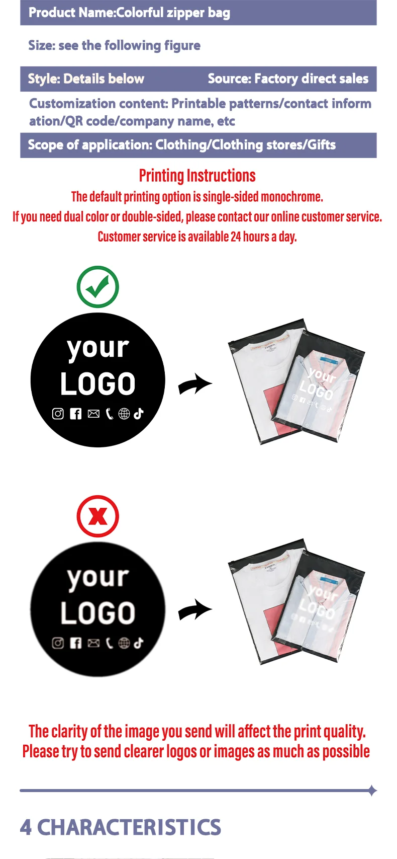 50 schwarze transparente Verpackungsbeutel für Herren- und Damenbekleidung mit Reißverschlusstaschen, die individuelle Logos unterstützen. – Detail 2