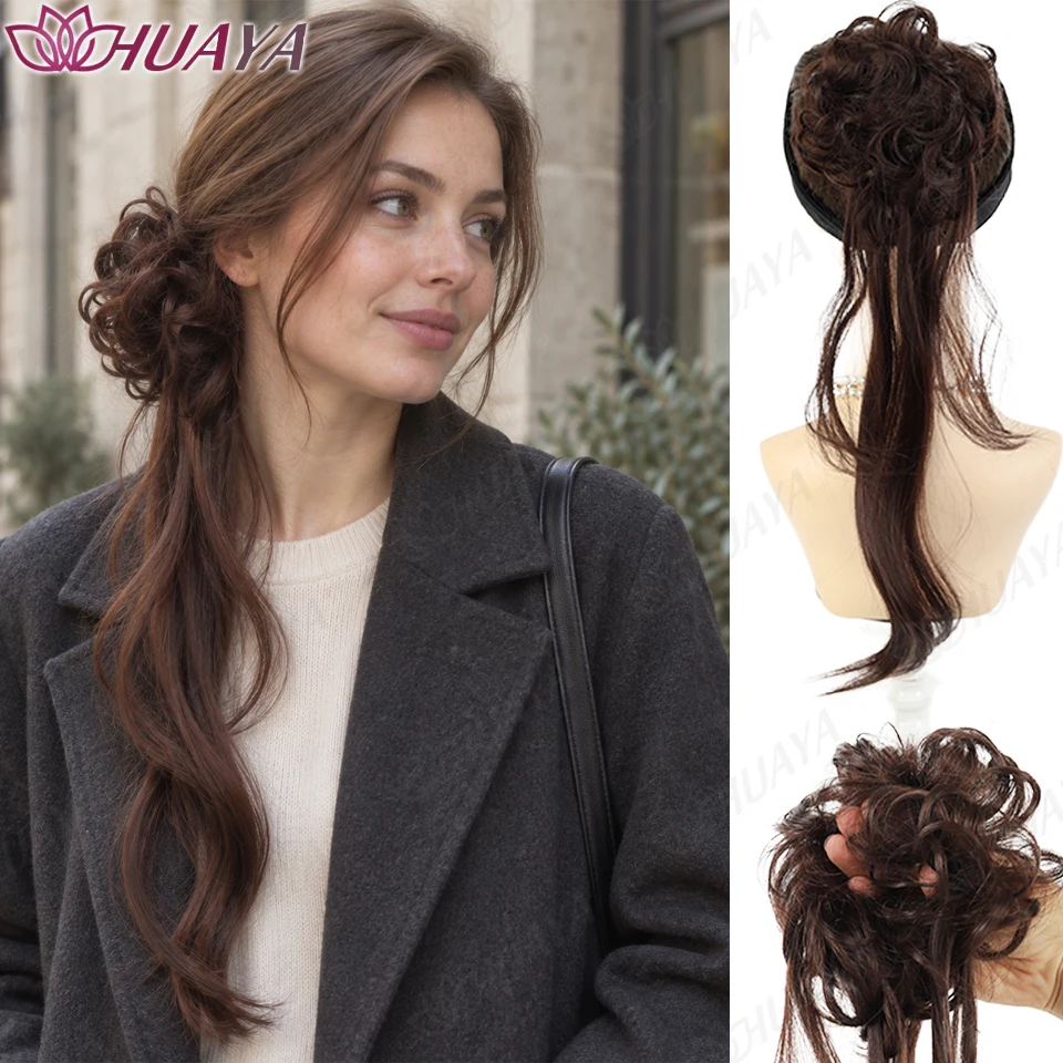 Synthetic Flower Bun Ponytail Extension Long Hairpiece Elastic Hair Tie Curly Chignon Updo Hair Extension for Women