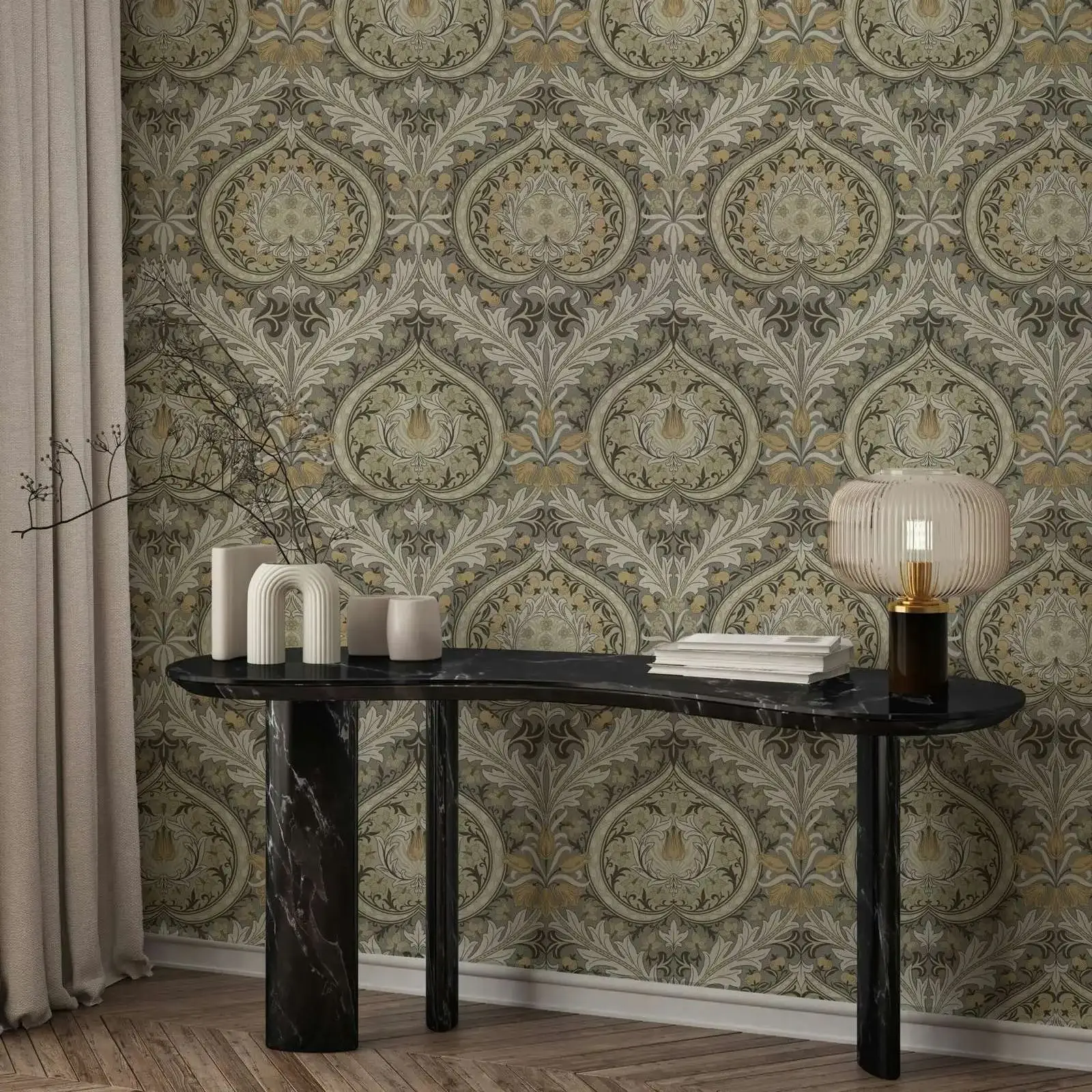 William Morris Eden Wallpaper,Madder on Midnight Damask Pattern Wall Paper For Home Decor/ Wall Art, Sefl-adhesive Or Un-paste