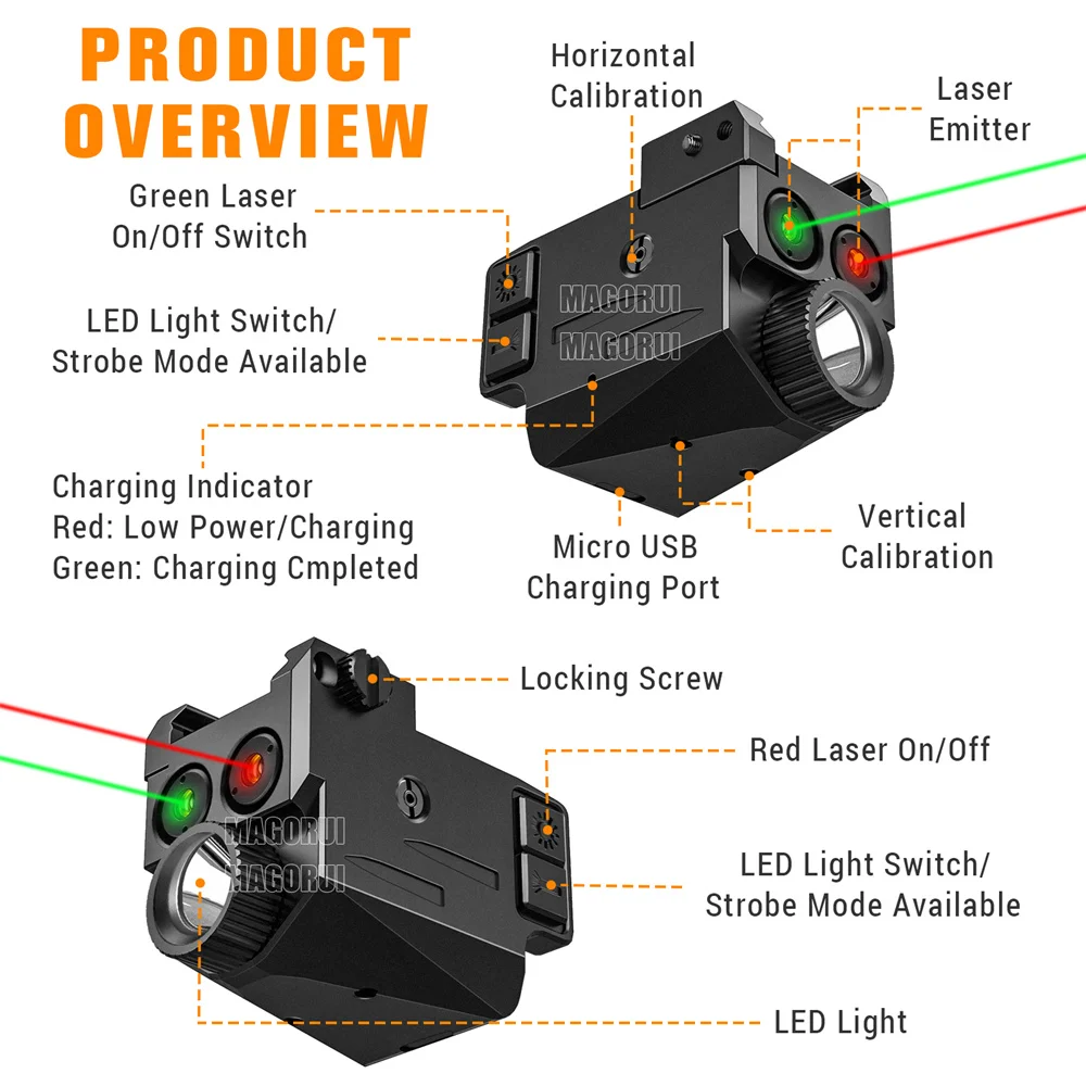 Magorui 500 Lumens Blue Beam For Pistol Shockproof Red Green Laser Sight for Handgun USB Rechargeable Batteries Laser Flashlight