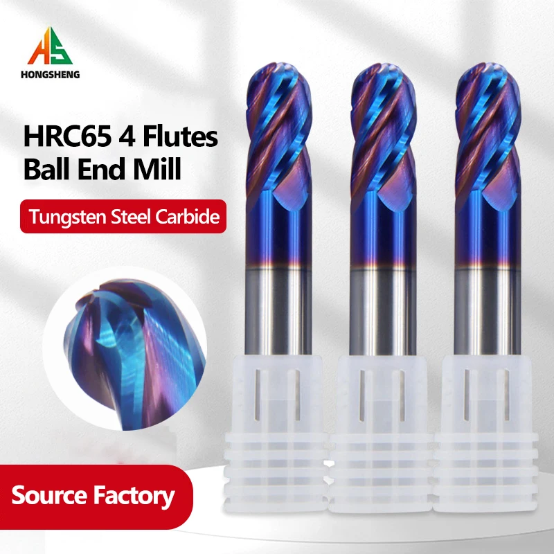 HRC65 4 Flute Ball End Mill Tungsten Carbide Cutter CNC Router Bit Milling Cutter Tool R0.5 6mm 8mm 10-20MM For Metal Steel