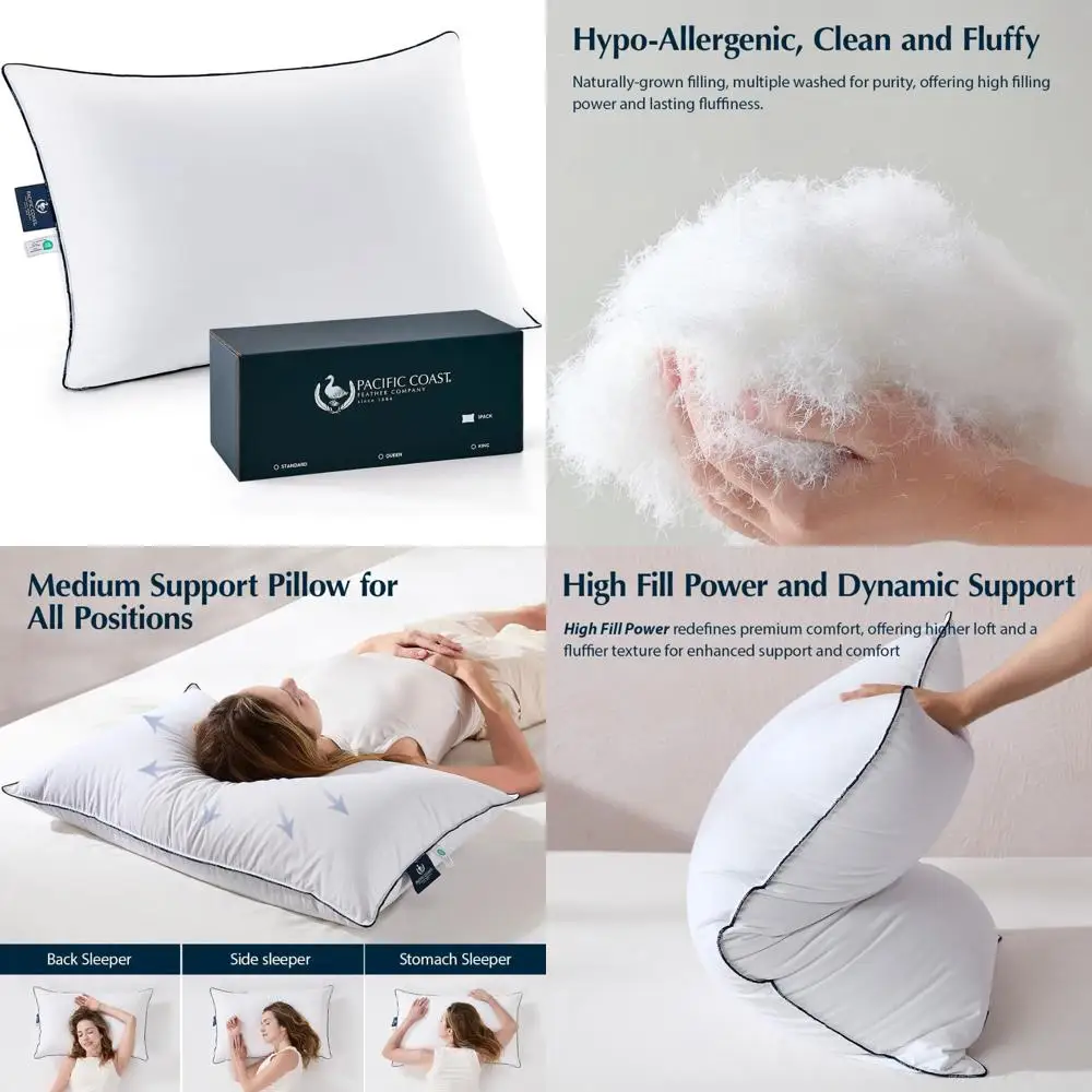 

Pacific Coast White Goose Down Fiber Hotel Pillow, Medium Support for Back, Stomach, and Side Sleepers