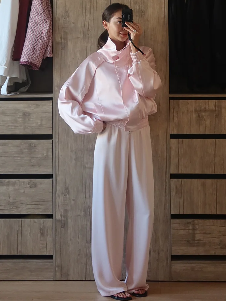 Solid Satin Short Jacket Women Batwing Long Sleeve Side Pocket Elastic Hem Loose Cropped Coat Autumn Casual Commute Streetwear
