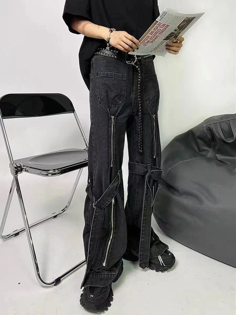 Reddaschic-pantalones de moda Acubi para mujer, Jeans holgados negros con abertura de cremallera, 2 tiras, Cyberpunk Y2k, pantalones góticos Grunge