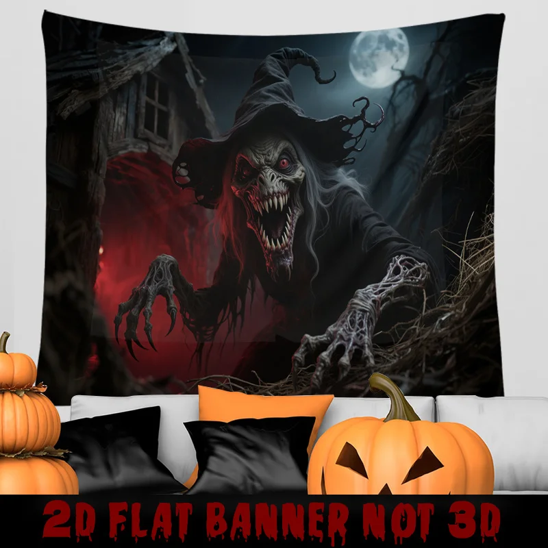 نسيج Zombie Witch & Blood Moon - ديكور الهالوين المخيف، منزل مسكون - إعداد رعب لغرفة المعيشة الداخلية