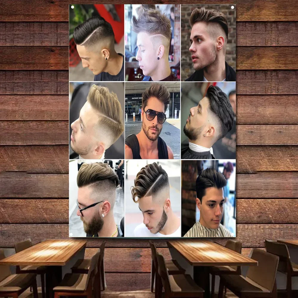 Haircut and Shave Service Signboard with Wall Art for Men's Barber Shop - Men's Tattoos Hairstyle banner wall hanging flag