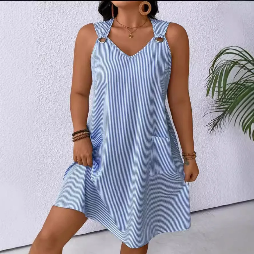 Nieuwe zomer damesvest rok O-hals gestreepte metalen knop mode eenvoudige losse casual vakantiejurk