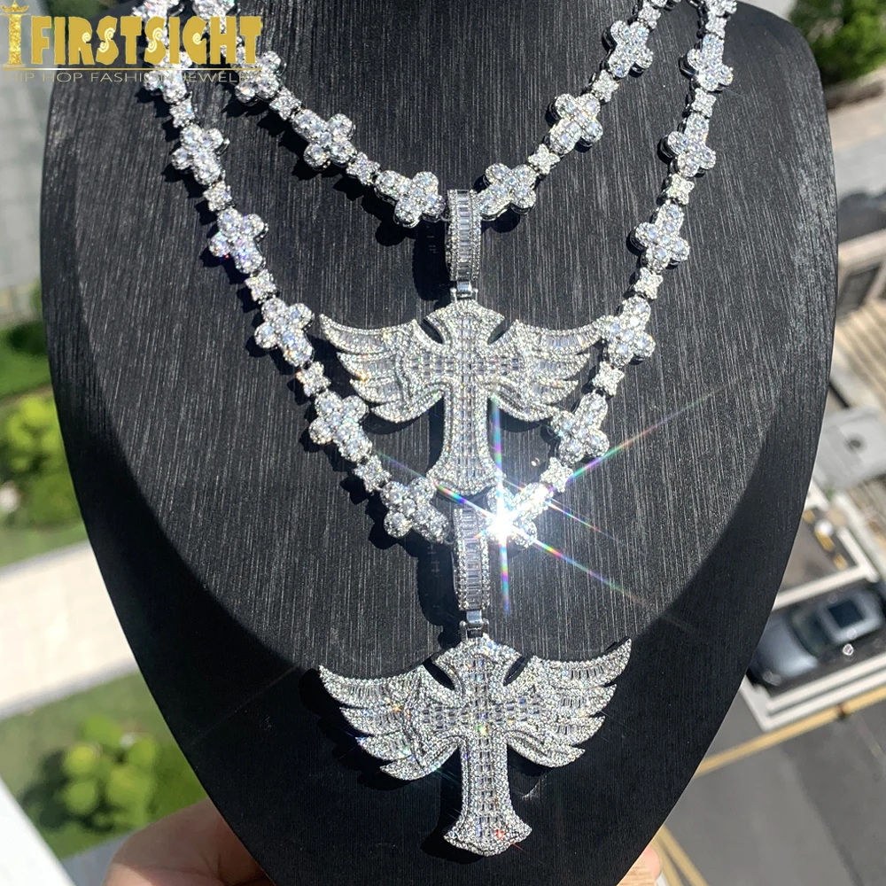 

New Iced Out Cross Angel Wing Necklace for Men Women Prong Setting Cubic Zirconia Silver Color Star Link Chain Hip Hop Jewelry