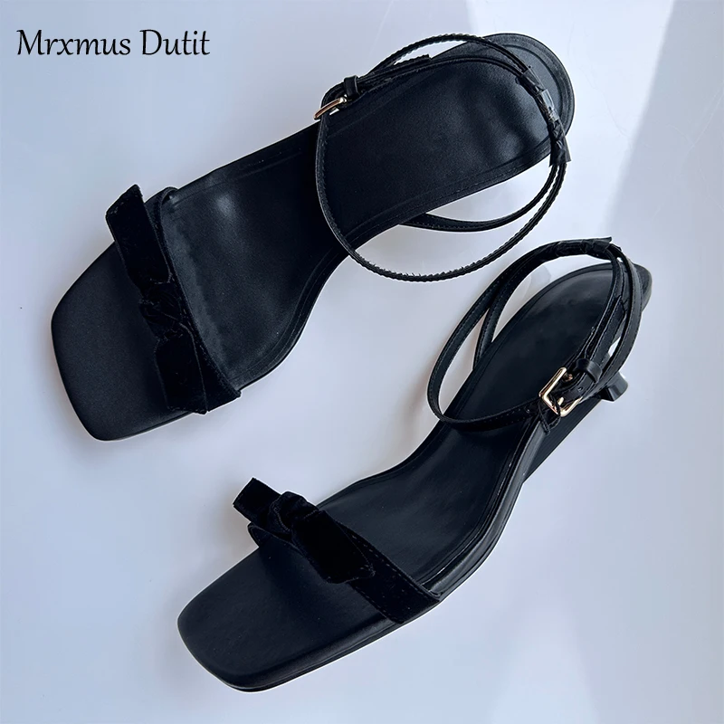 Mrxmus 2024 New Women Summer Fashion Genuine Leather One Character Strip Square Head Slender Heel Sandals Elegant Shoes Female