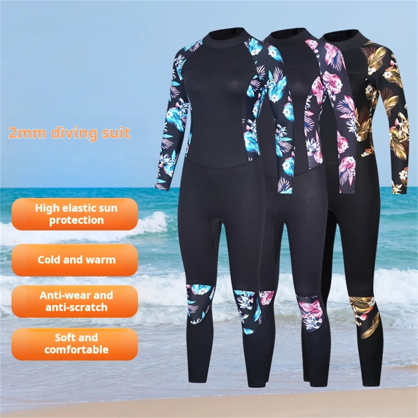 2MM Neoprene One-Piece Wetsuit Women's Long-Sleeved Cold-Proof Diving Suit Snorkeling Sailing Surfing Winter Swimsuit