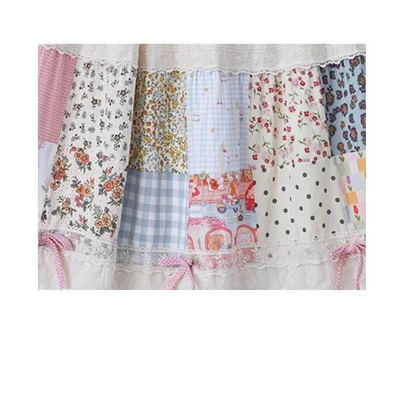 Summer Retro Pastoral Patchwork Lace Women's Long Skirt 2025 New Bow Cotton Elastic Waist Plaid Splicing A-line Skirts Ladies