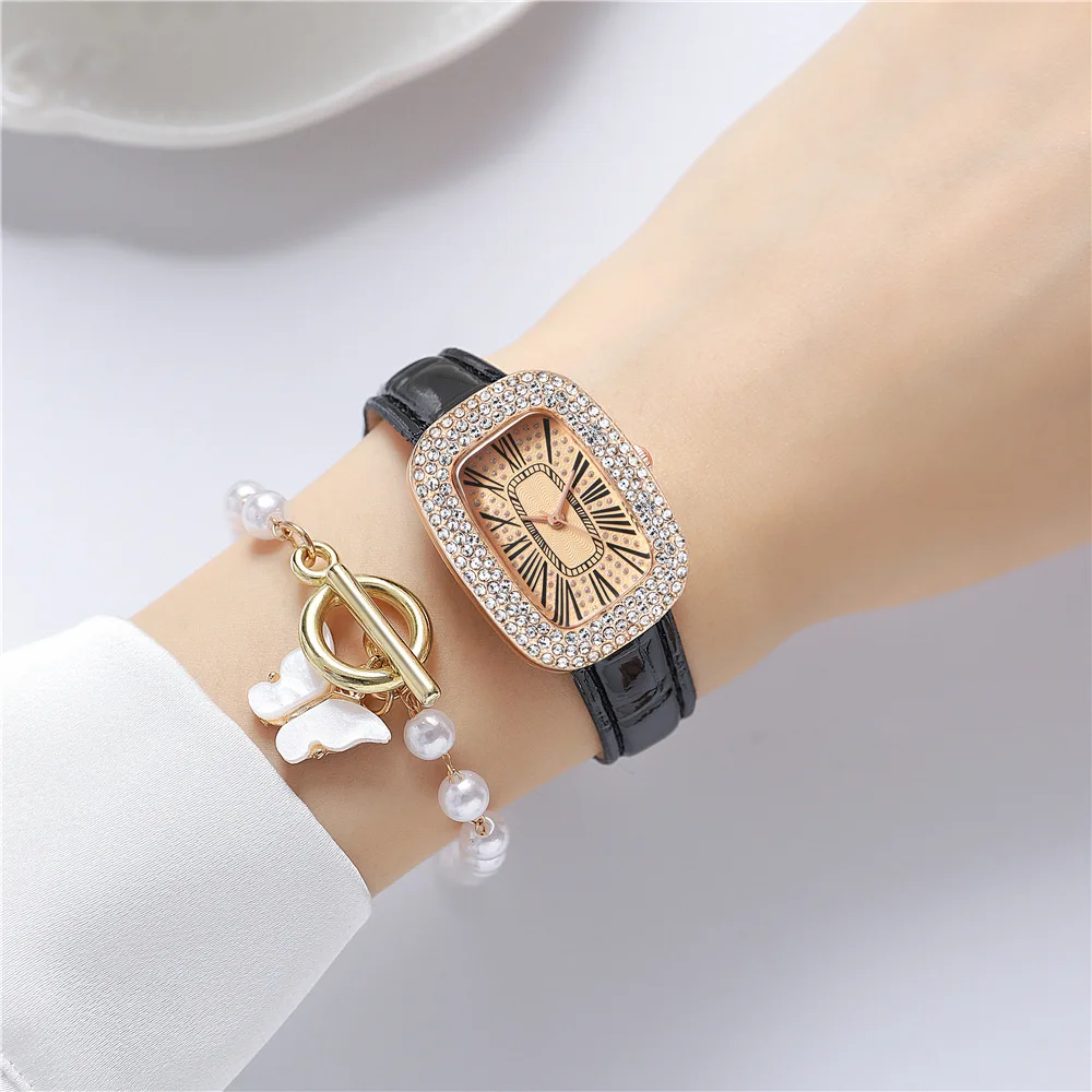 De moda rectangular cinturón de reloj de las mujeres simples diamantes de imitación esfera romana de cuarzo temperamento damas reloj