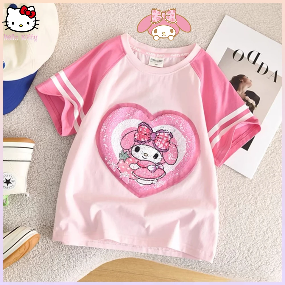 

Anime Melody Kawaii Kuromi Cartoon Sanrios Kids Short Sleeve Cute Cinnamoroll Summer Sequin T-Shirt Tops Breathable Short Sleeve