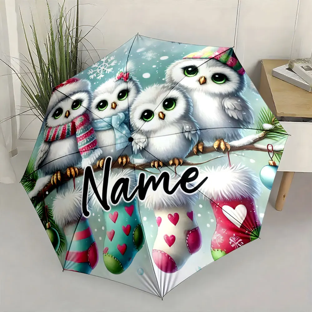 Custom Name Cute Owls Decorated Christmas Umbrella Print 8 Iron Ribs Folding Umbrella Auto-Open Fashion Sunshade