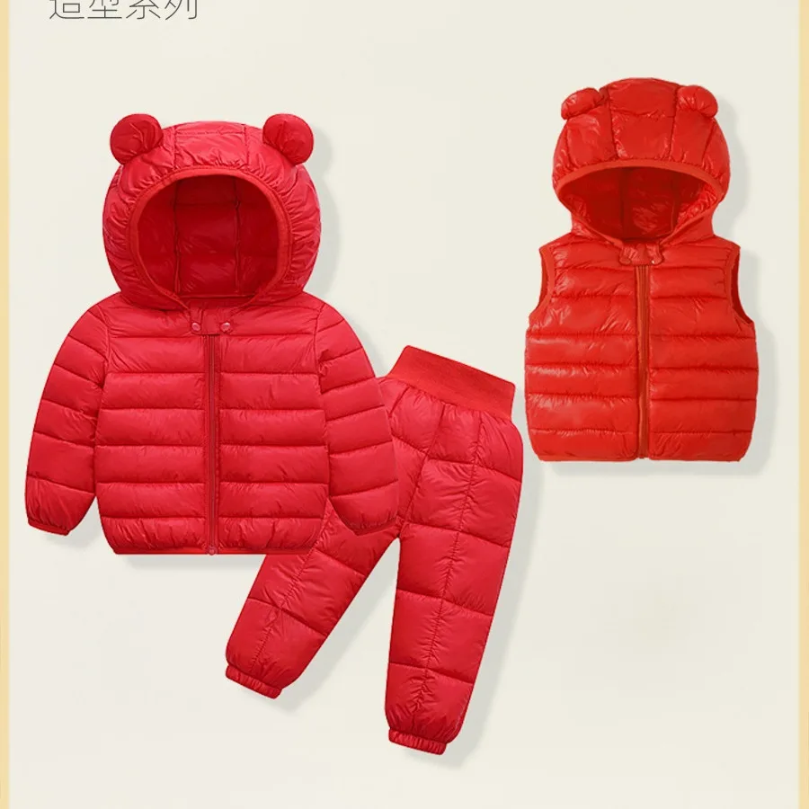 Autumn Winter Children Clothing Set Kids Down Jacket Ears Boy Girls Three-piece Set Kids Clothing Baby Cotton Jacket Pants Thick