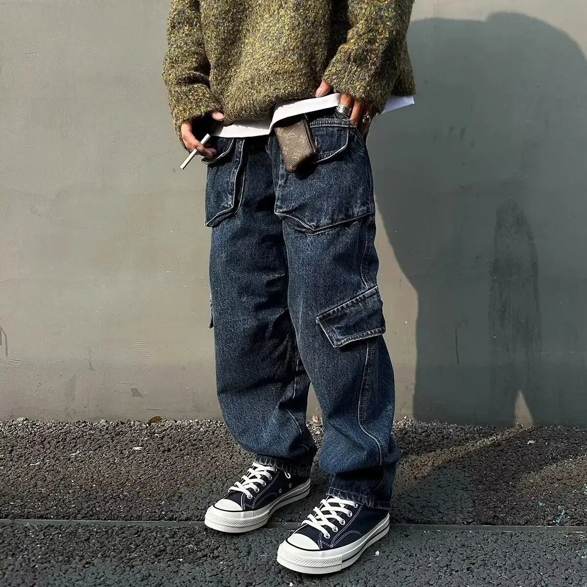 

Retro American Sle Men's Denim Riding Pants Motorcycle Heavy Du Patched Workwear Long Trousers Straight Leg mid Waist