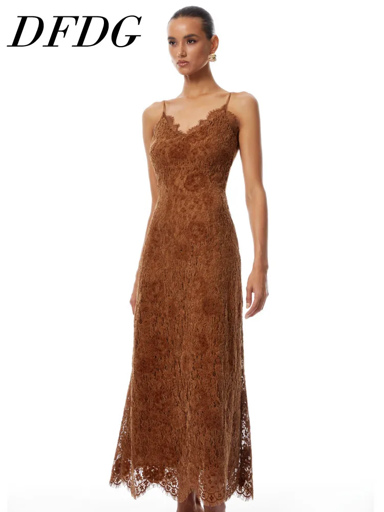 Dfdg feminino 2025 primavera verão retro vestido de renda recorte nicho fino ajuste camisola bodycon mini vestido luxo renda painéis vestido