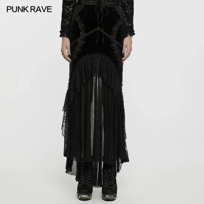 PUNK RAVE Women's Gothic Velvet Pleated Chiffon Elegant Fishtail Goddess Skirt Gorgeous Lace Dark  Long Skirts Women