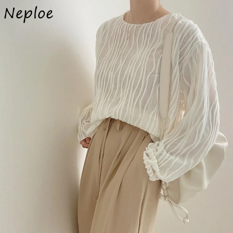 Neploe Loose Textured Design Pleated Top Femme 2025 Early Autumn Sweet Gentle French O-Neck Long Sleeve Solid Color T-Shirts