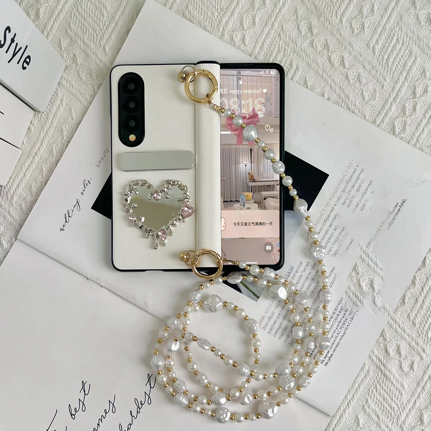 

Luxury Case for Samsung Galaxy Z Fold7 6 Built-in Stand with Mirror Crossbody Chain Leather Shockproof Phone Casing Accessories